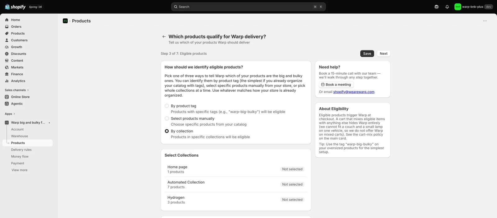 The same step with By collection chosen: a list of the store's collections, Home page, Automated Collection and Hydrogen, each selectable so a whole collection becomes eligible at once.