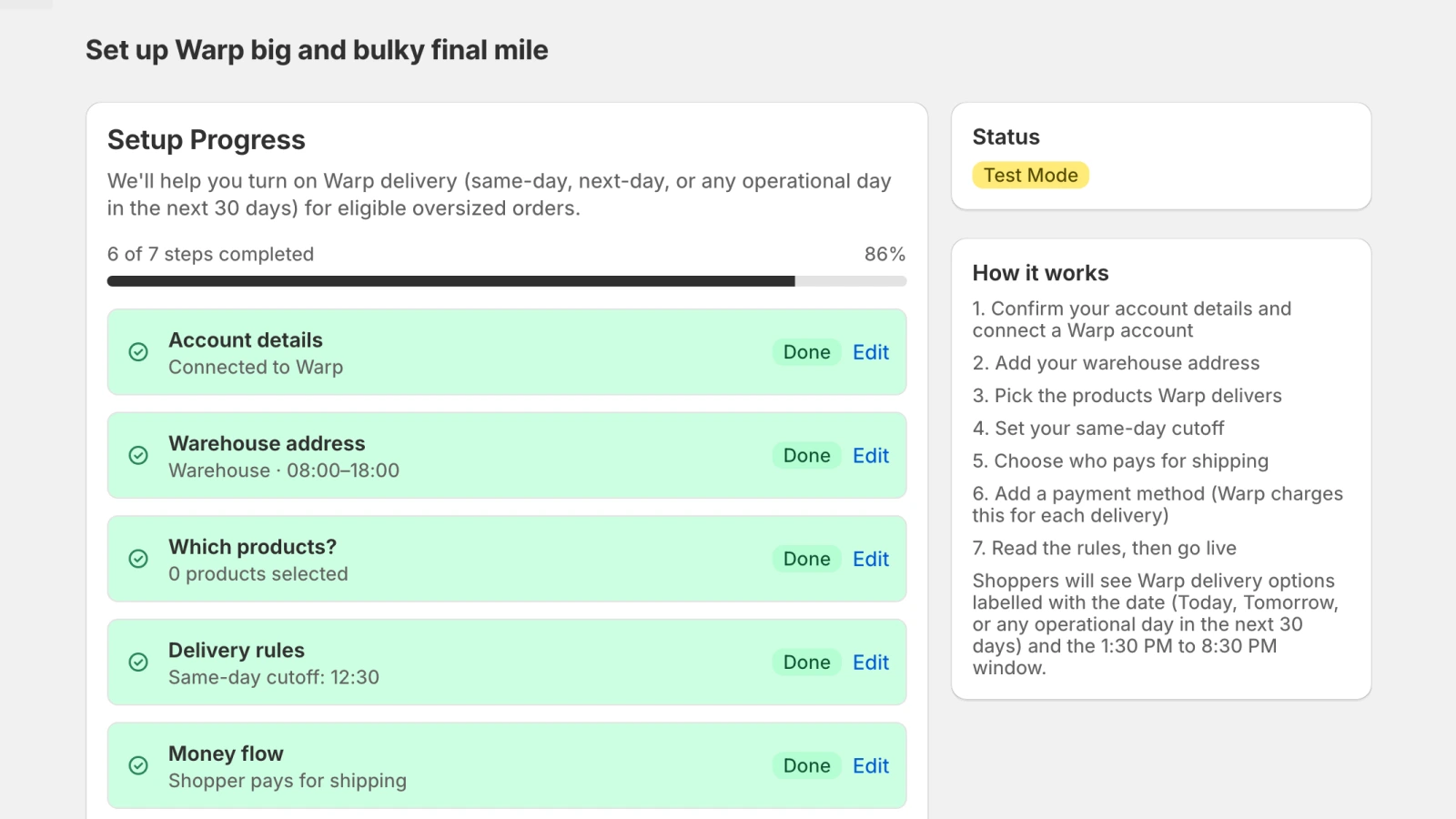 The merchant onboarding home in the Shopify admin: Set up Warp big and bulky final mile, a setup-progress card reading 6 of 7 steps completed at 86 percent, with rows for account details, warehouse, products, delivery rules and money flow each marked done.