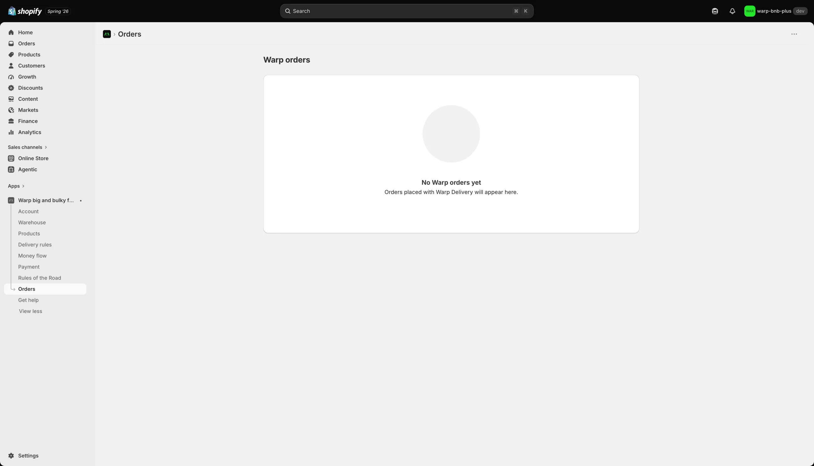 The Warp orders screen in the Shopify admin showing an empty state: a large centered message reading No Warp orders yet, with the subtext that orders placed with Warp Delivery will appear here.