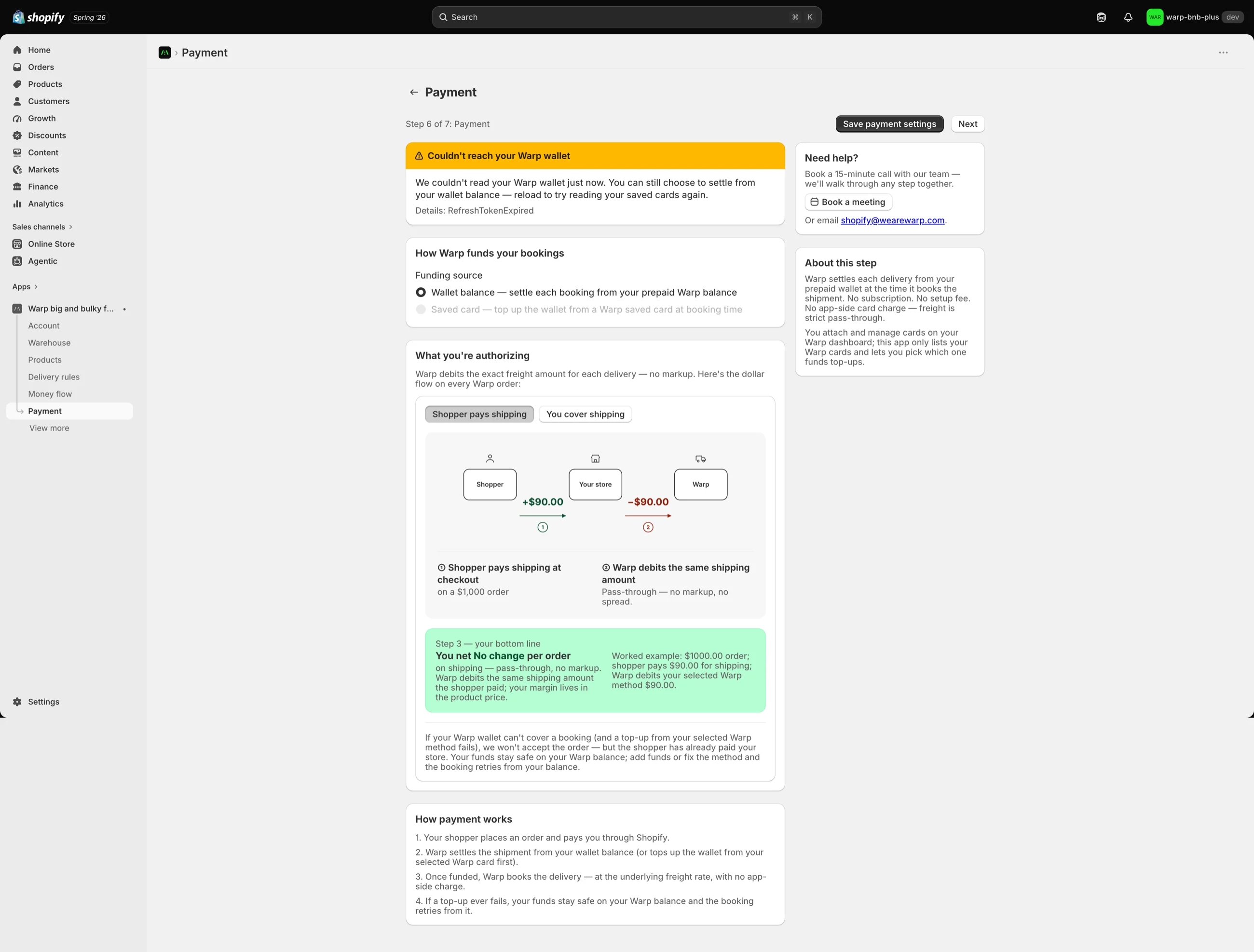 The payment step in the Shopify admin: the funding source is set to 'Wallet balance, settle each booking from your prepaid Warp balance,' with no card-entry field anywhere. A 'What you're authorizing' panel shows the pass-through dollar flow, and an amber banner honestly reports a failure state, 'Couldn't reach your Warp wallet.'