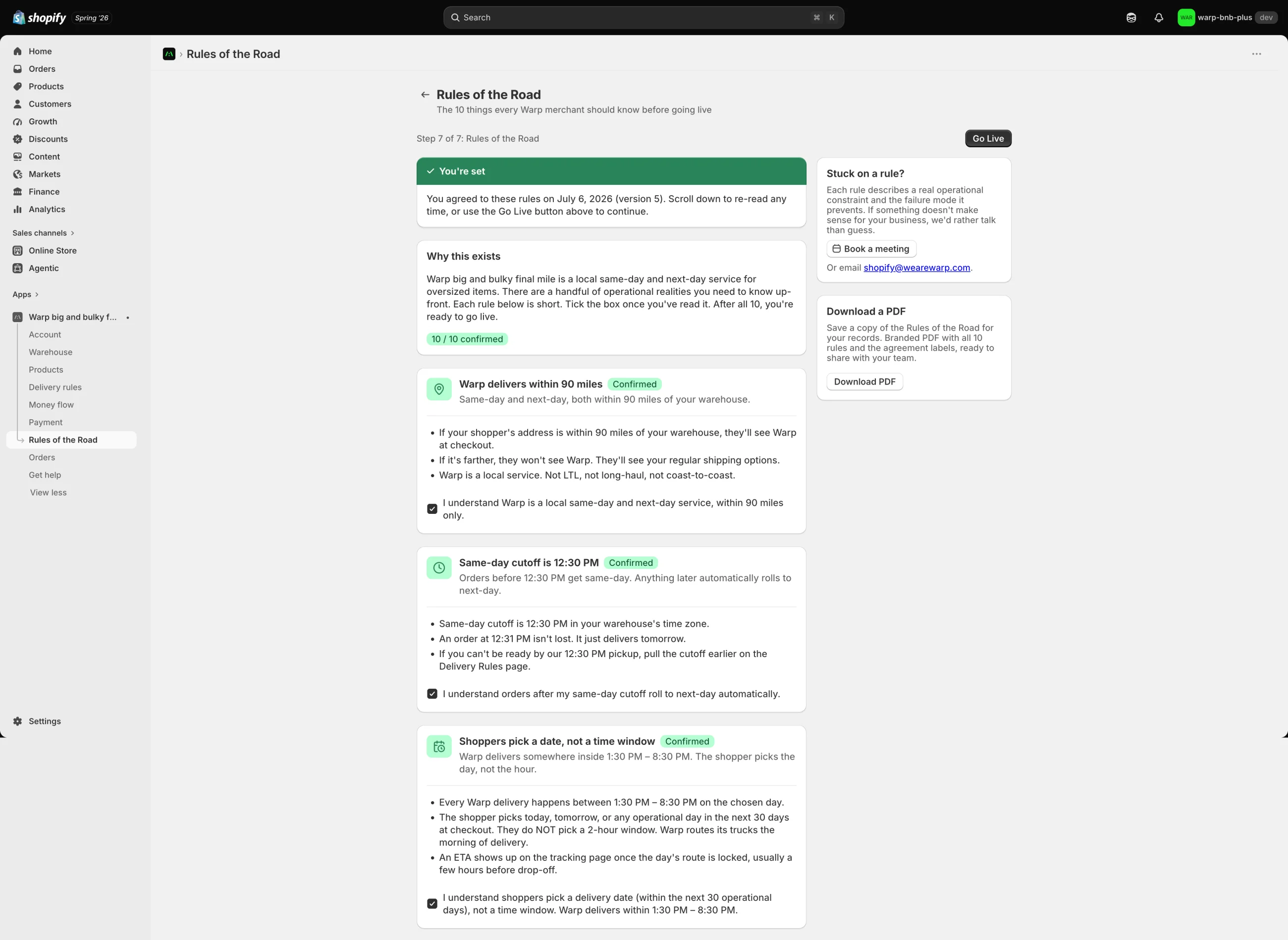 The Rules of the Road step in the Shopify admin, headed 'The 10 things every Warp merchant should know before going live,' with a green 'You're set' banner, a '10 of 10 confirmed' status, and rule cards each marked Confirmed with an acknowledgement checkbox: Warp delivers within 90 miles; same-day cutoff is 12:30 PM; shoppers pick a date, not a time window.