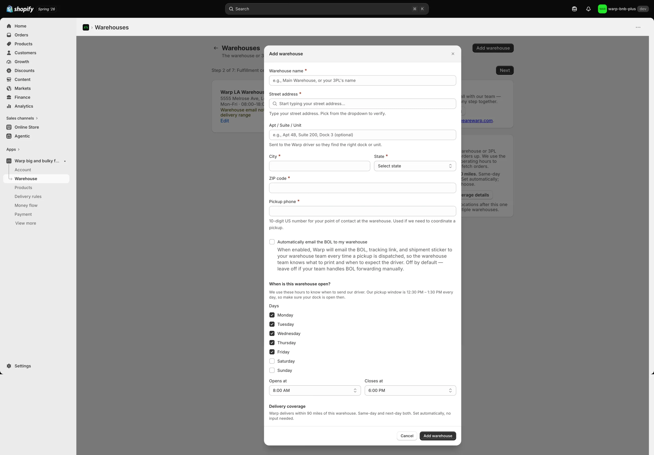 The add-warehouse form in the Shopify admin, open as a modal: fields for warehouse name, street address, pickup phone and open hours; a toggle to automatically email the bill of lading, tracking link and shipment sticker to the warehouse team on every dispatched pickup; and a delivery-coverage note that Warp delivers within 90 miles, set automatically with no input needed.