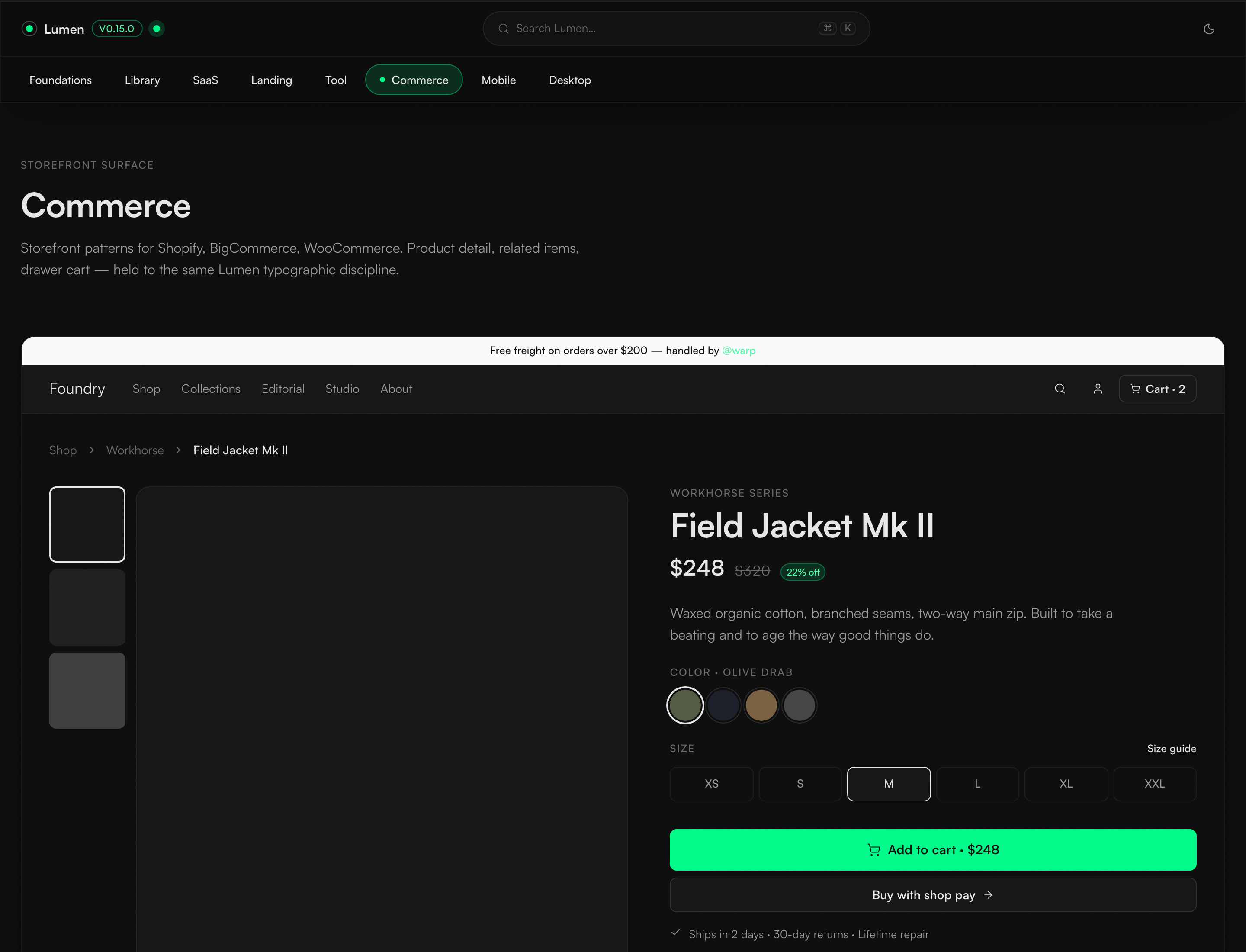 Commerce template — product detail with variant pickers and buy panel