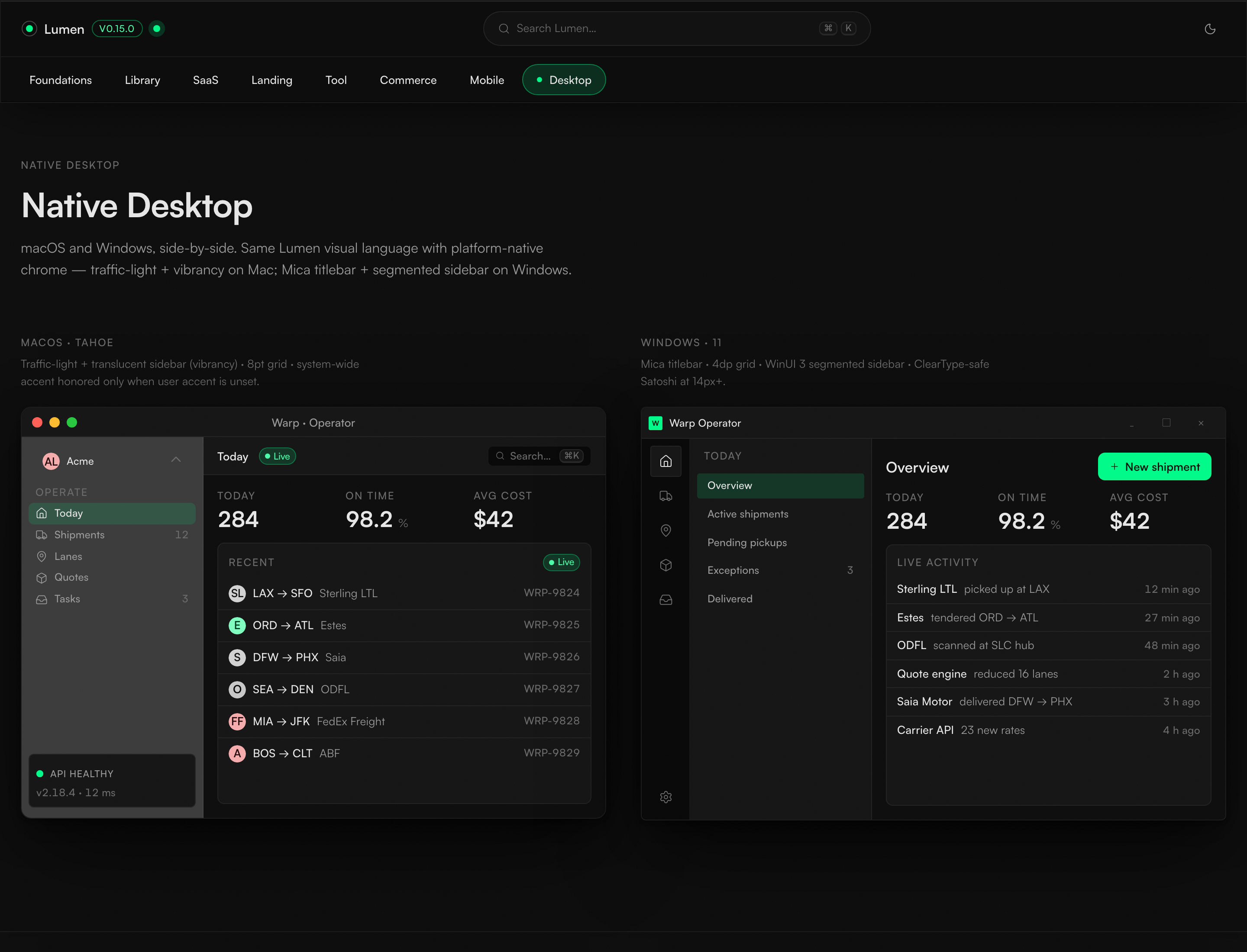 Native desktop templates — macOS and Windows window chrome