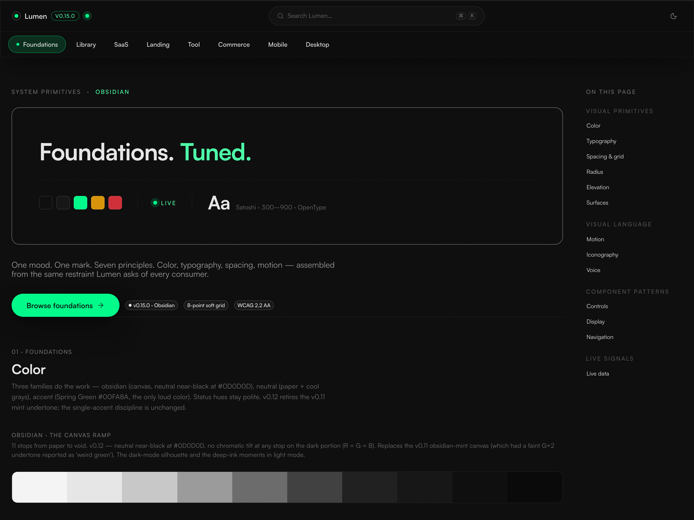 Lumen Foundations page — Obsidian canvas with Spring Green accent and Satoshi typography