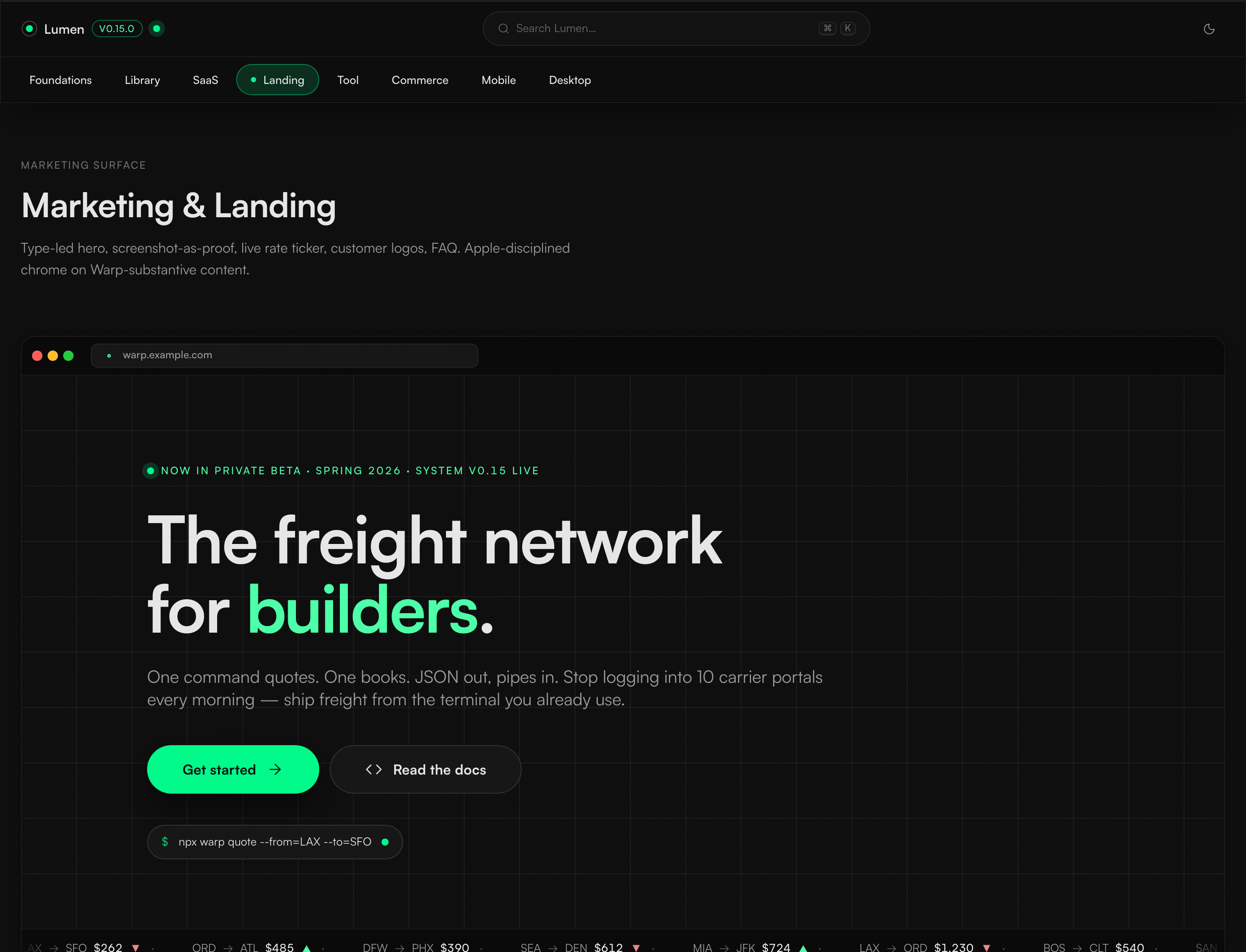 Landing template — type-led hero with live rate ticker