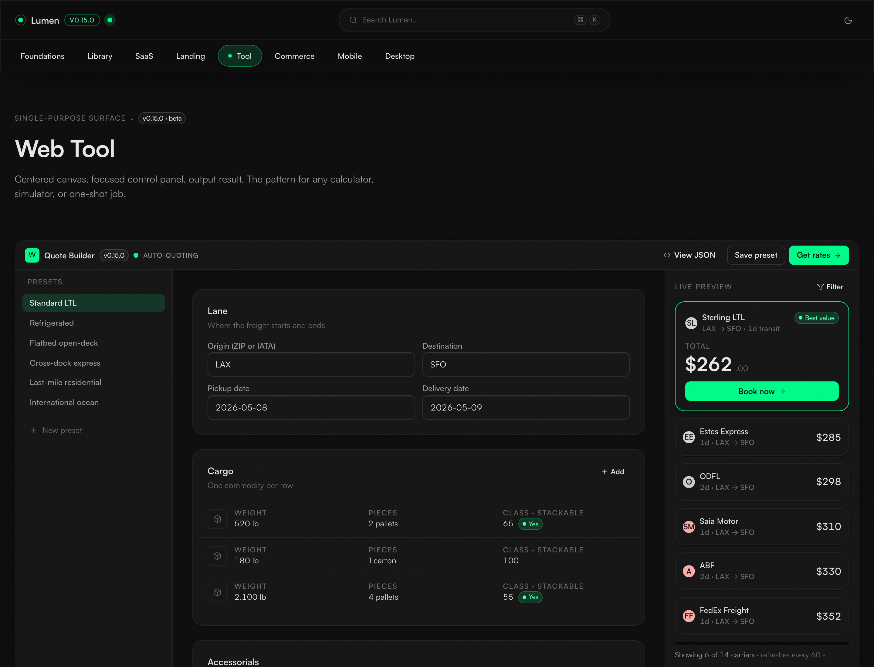 Web Tool — quote builder with preset rail, canvas, and live preview