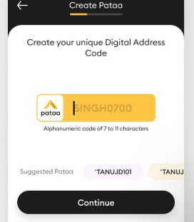 Pataa app screen — creating your unique address code, with ready suggestions and the character rule in plain terms