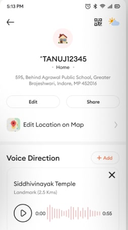 Pataa app — a saved home address with its shareable code
