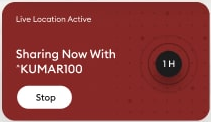Pataa app — the live-location state in the product's own red, naming who you are sharing with and keeping Stop within reach