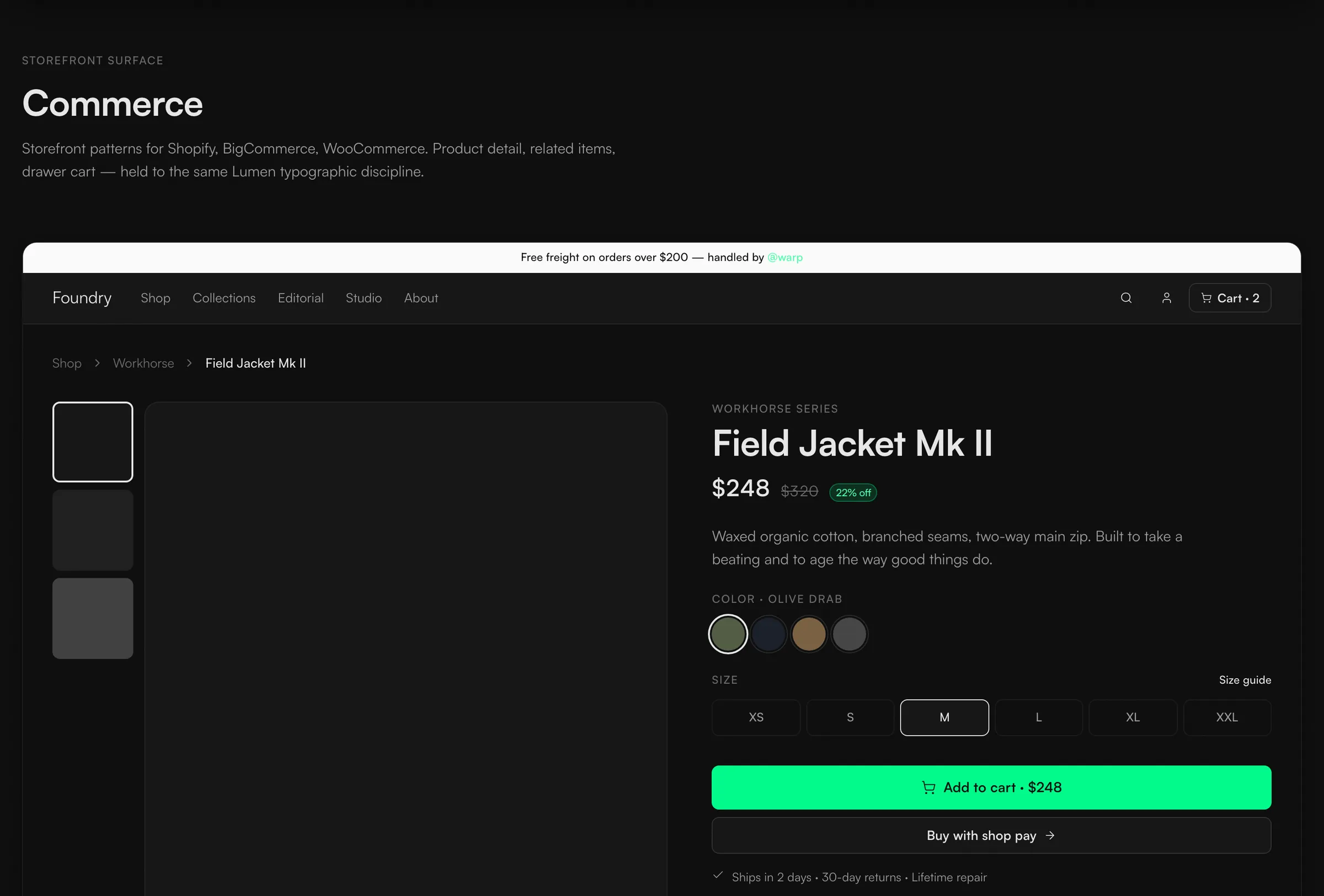 The real Lumen Commerce render: a Foundry storefront product page with a gallery on the left and, on the right, the title Field Jacket Mk II, a price of 248 dollars marked down from 320 with a 22 percent off tag, olive-drab color and size pickers, and a bright green Add to cart button showing 248 dollars.
