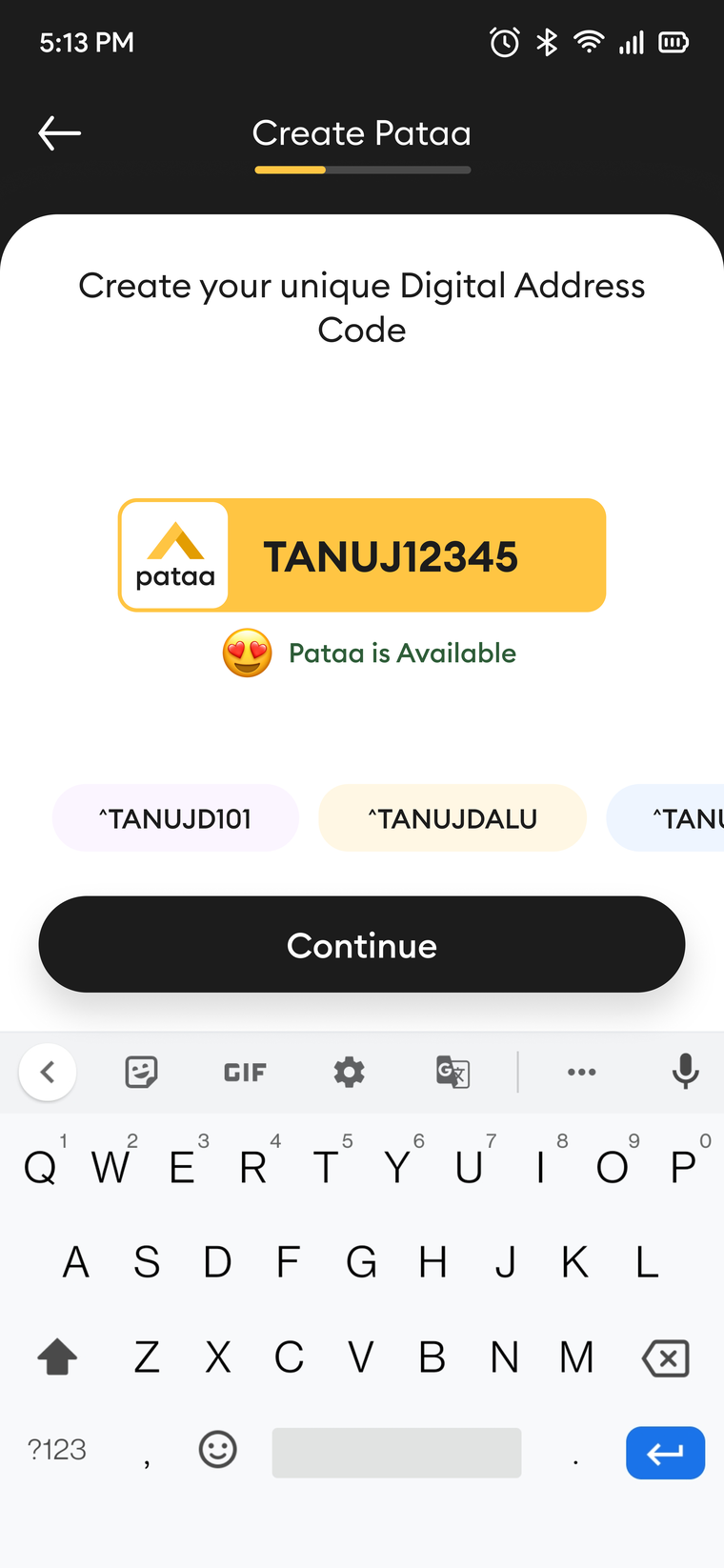 Creating a ShortCode: an amber field reads TANUJ12345 with a green Pataa is Available note and suggestion chips.