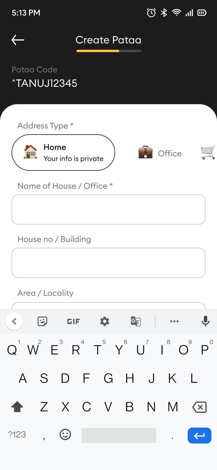 Create screen: the address-details form, with address type, house name and locality fields.