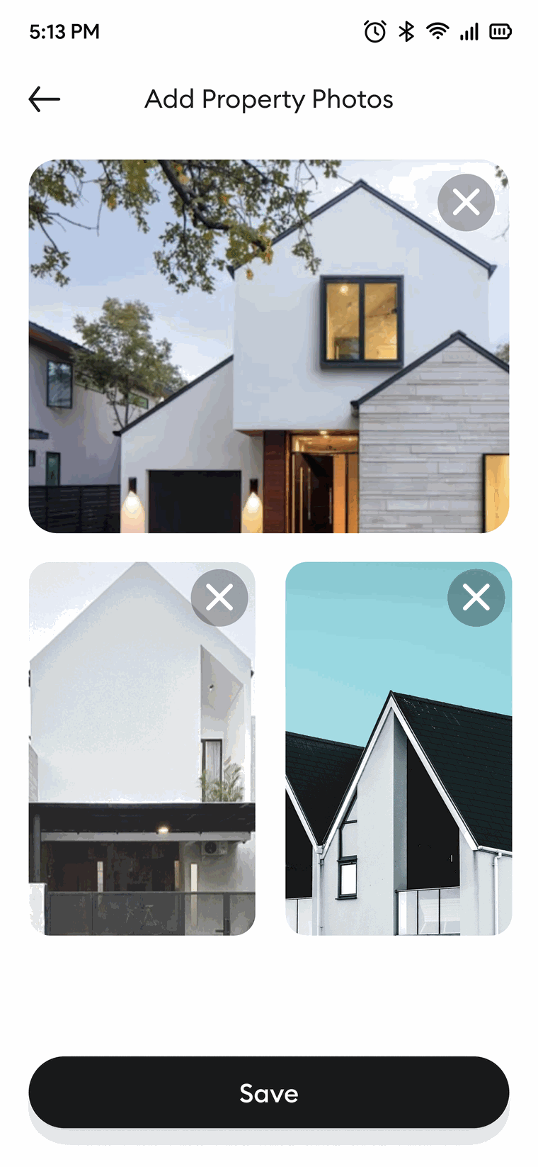 The Pataa Add Property Photos screen: a card to add up to three real photos of the entrance so a visitor can identify the door.