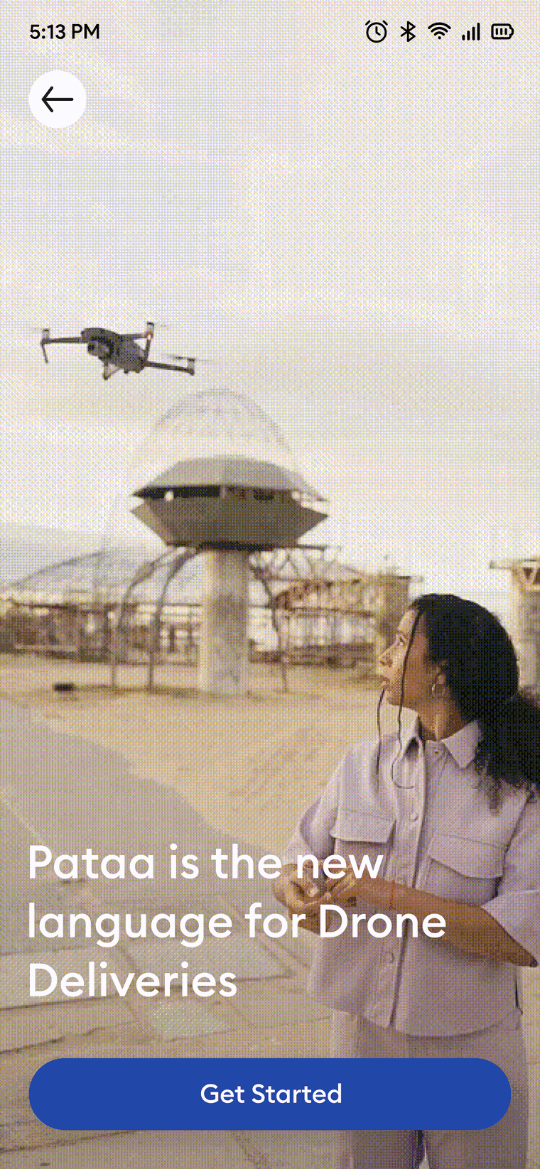 The Pataa drone screen: a photographic hero with a flying delivery drone and the line Pataa is the new language for drone deliveries.
