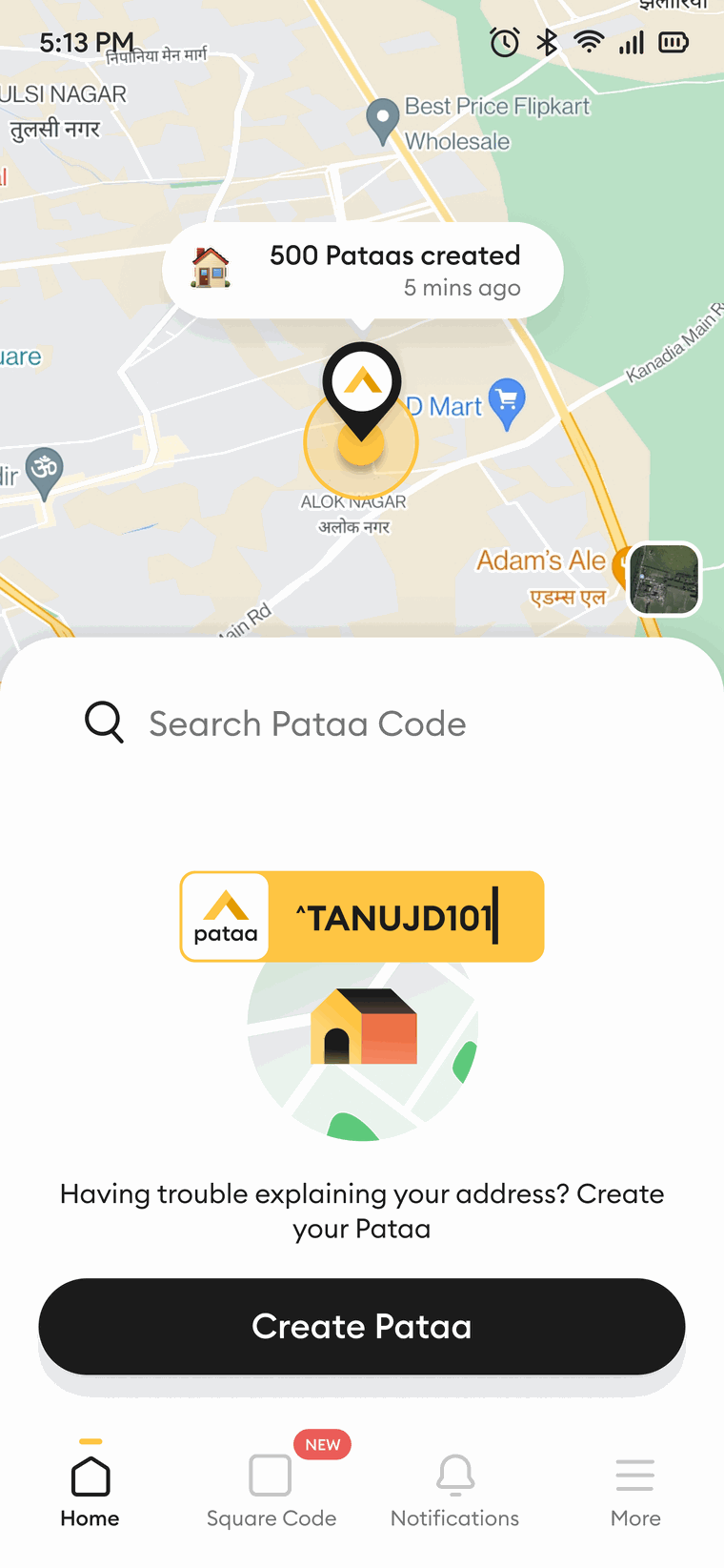 The Pataa home screen: a map with the black-and-amber pin on one block, a search field, and the amber ShortCode pill.