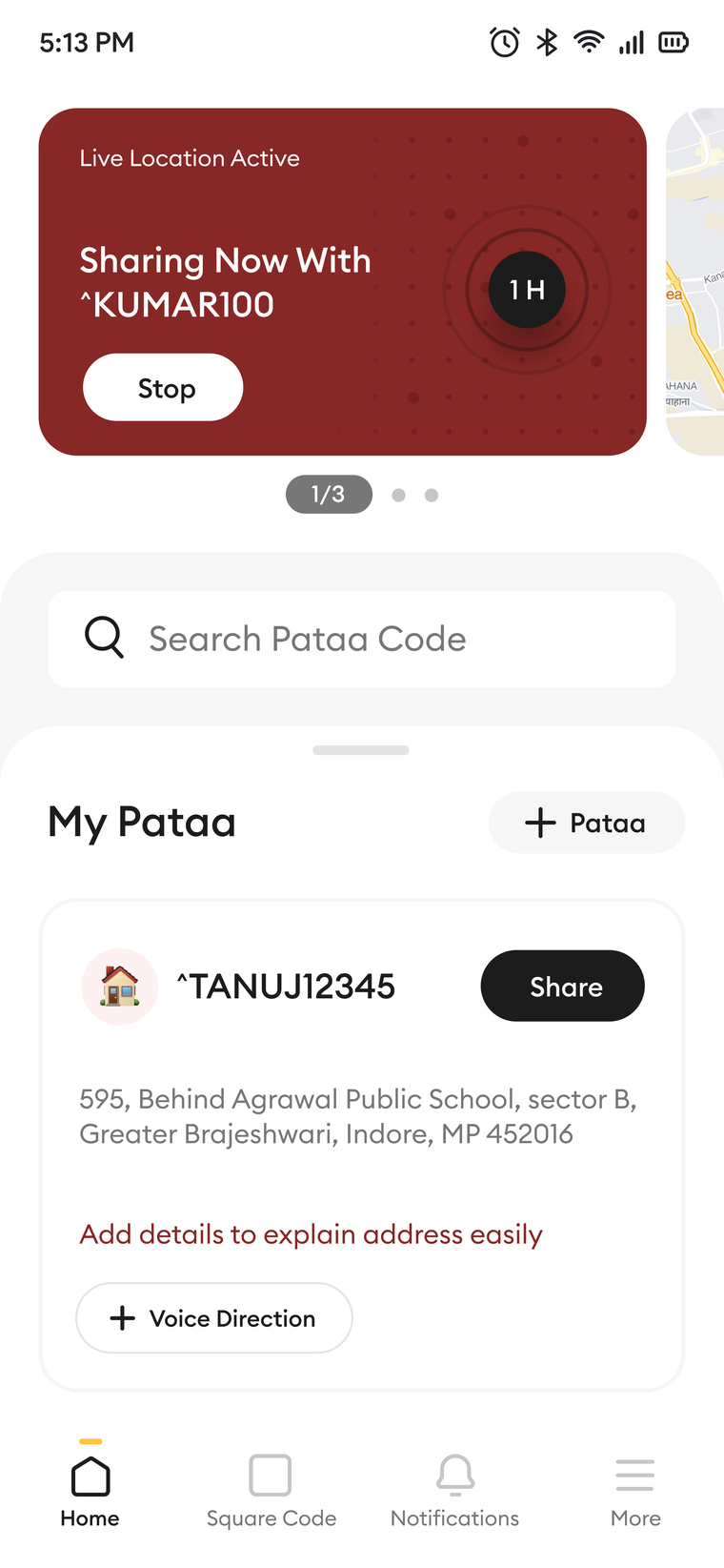 Live location active: a maroon card on the home screen reads Sharing Now With KUMAR100, a Stop button, and a one-hour countdown.