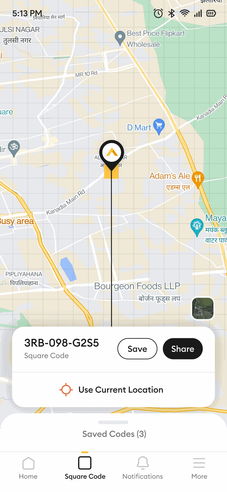 The Pataa Square Code screen: a map with a pin on one block and a card showing an alphanumeric square code with save and share.