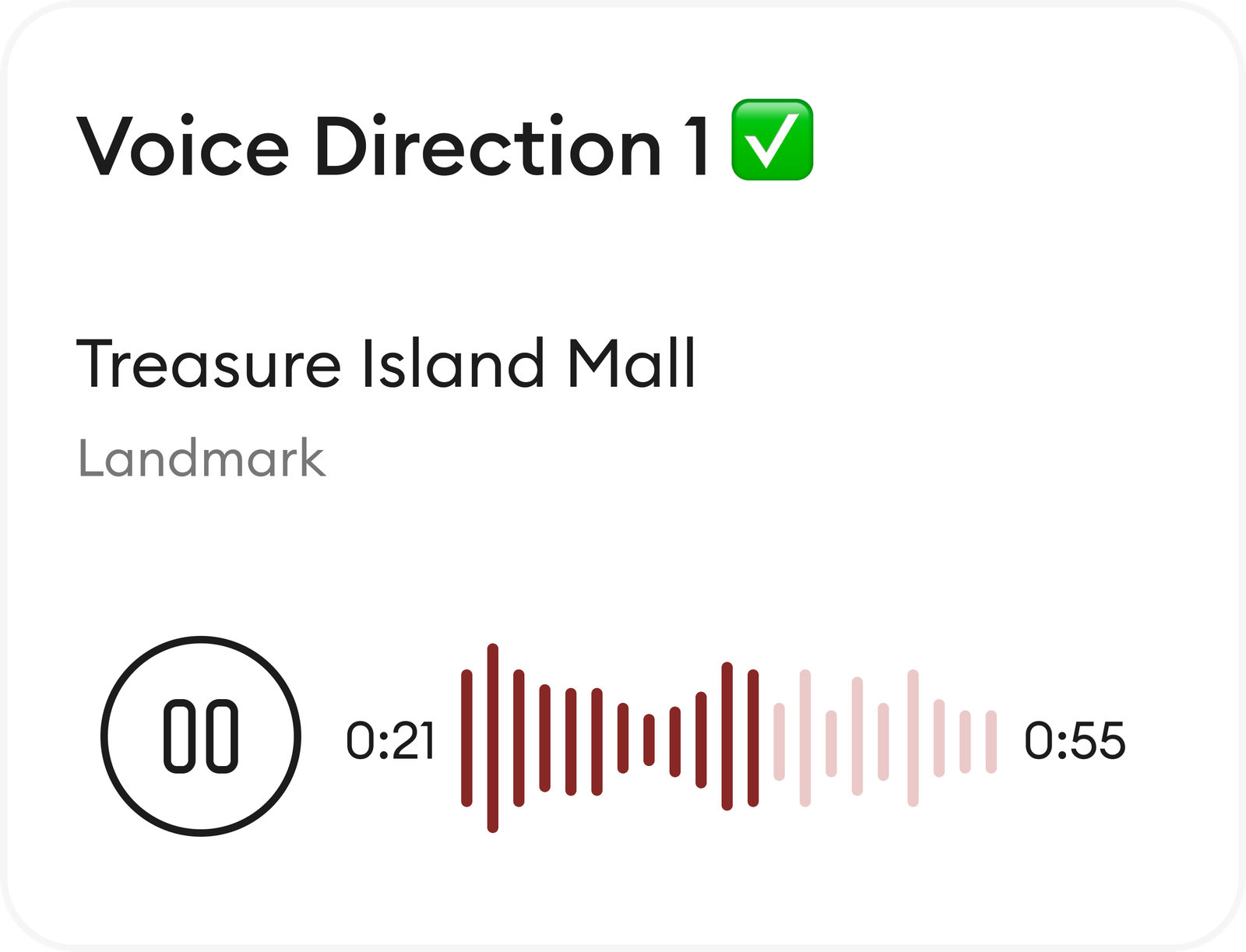 A voice-direction card: the landmark Treasure Island Mall and a maroon audio waveform with a play control.