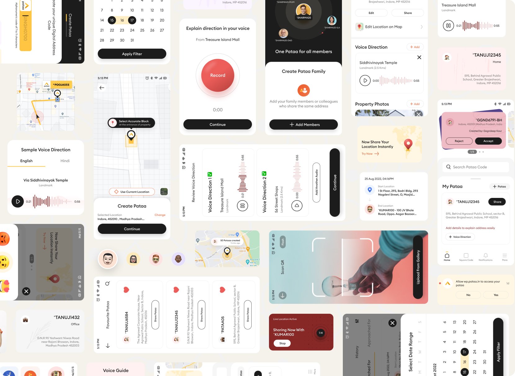 A montage of Pataa app screens and components: the create-a-code flow, voice-direction cards, the ShortCode cards, the maroon live-location state, the QR scanner, maps, and notifications.
