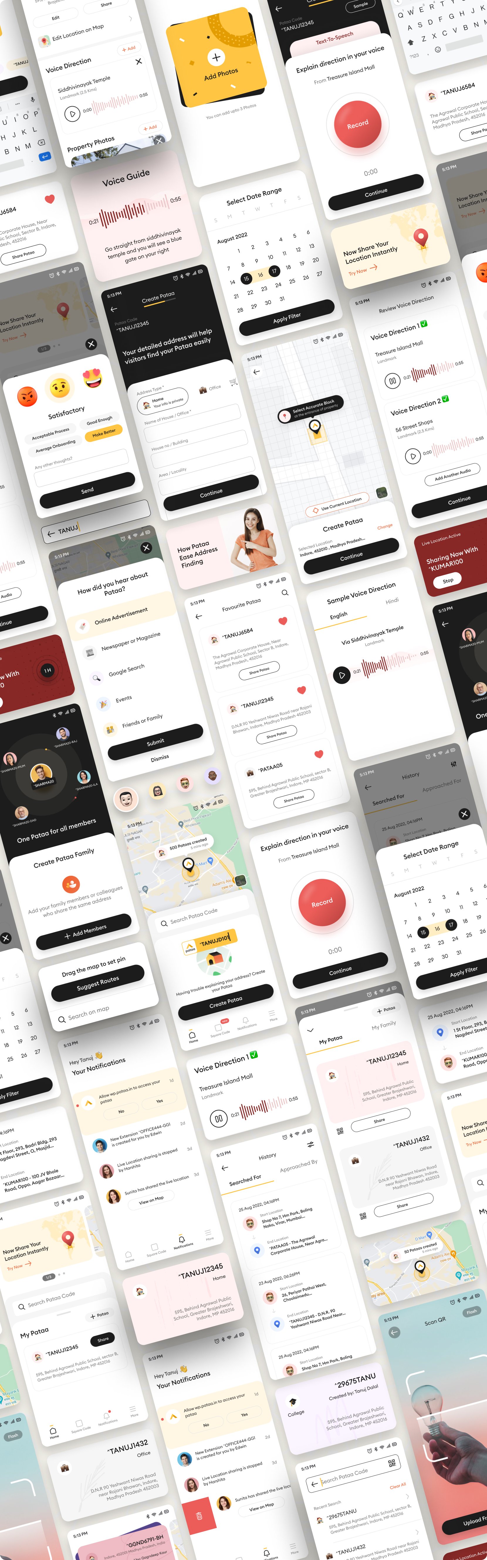 A tall montage of the full Pataa interface: dozens of real screens across the create, share, find, voice, live-location, notifications, and family flows.