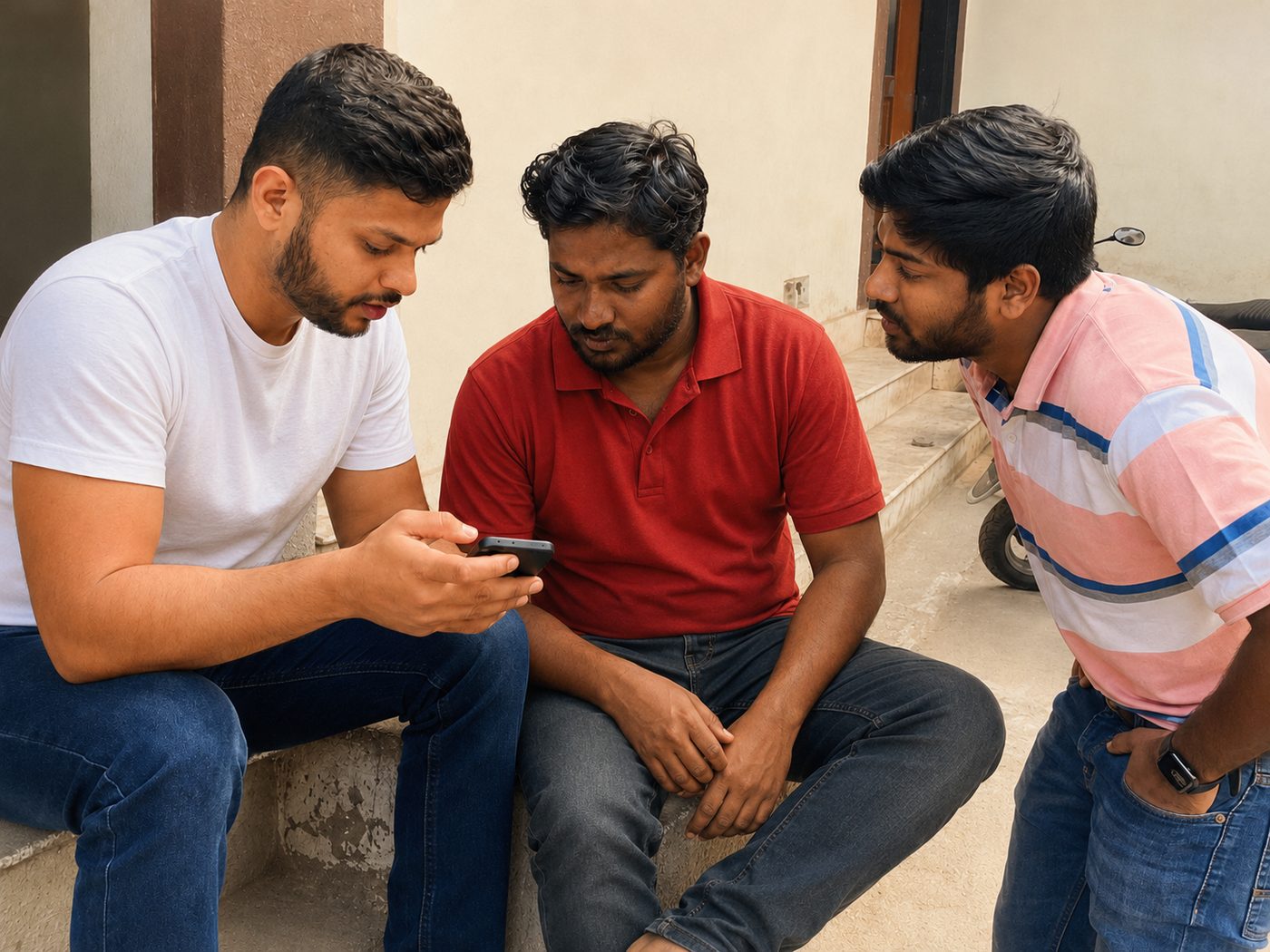 A field session: a team member shows the app to someone in a quiet doorway, working out an address on the spot.