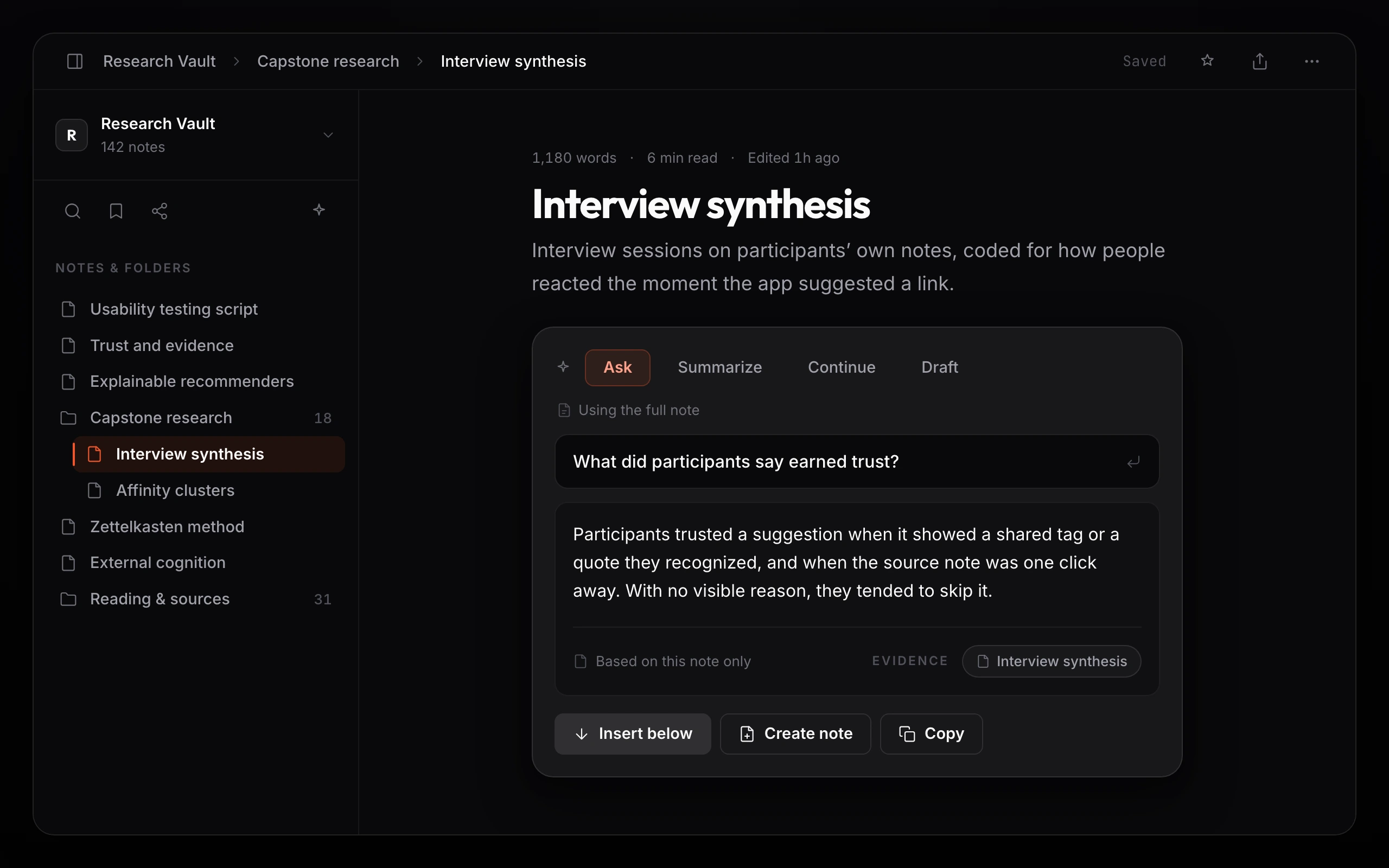 The editor AI panel with the Ask pill active: pills for Ask, Summarize, Continue, and Draft, a line reading Using the full note, a question typed in, and an answer card below labeled Based on this note only, an Evidence chip, and actions to Insert below, Create note, and Copy.