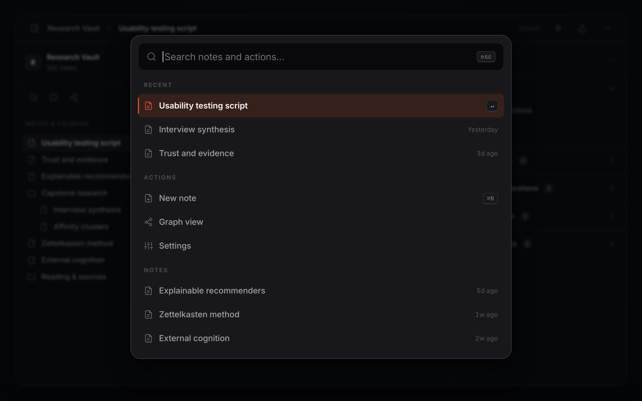 The Cmd+K command palette over the workspace: a search field reading Type a command or search notes, results grouped under Recent, Actions, and Notes, the matched letters of the query highlighted, and an esc hint.
