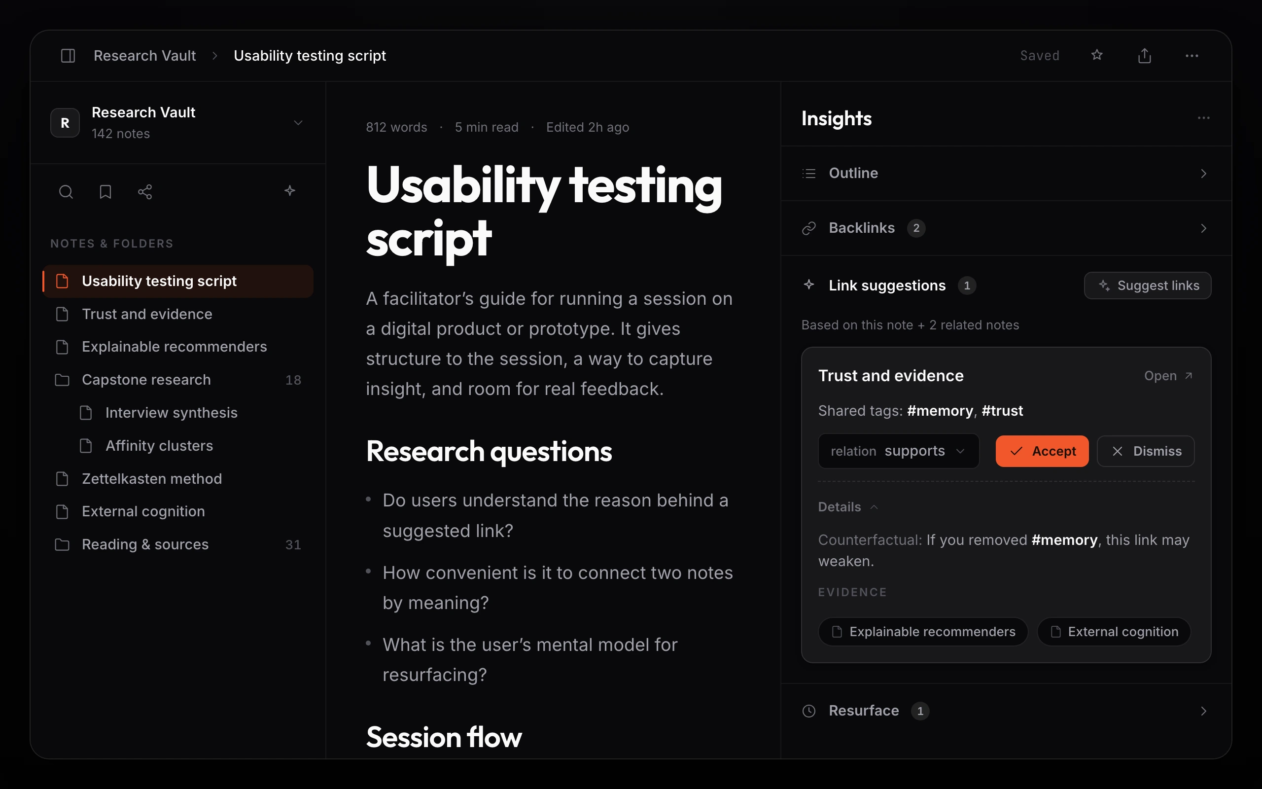 The Link suggestions card in the Insights rail on a near-black canvas: a header reading Based on this note plus two related notes, then a suggested note with its title and an Open link, a one-line because in neutral text, a relation dropdown set to supports, Accept and Dismiss buttons, a Details toggle revealing the counterfactual, and an Evidence row of clickable source-note chips.