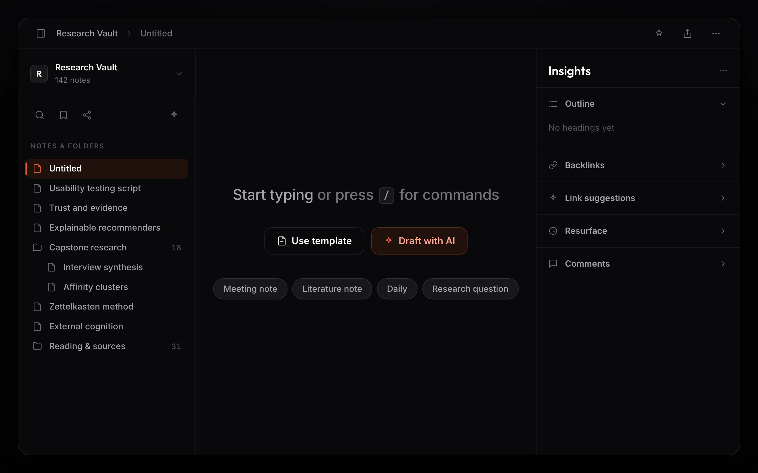 A new empty note on Cmd+N in the Tho8 editor: the prompt Start typing or press slash for commands, a Use template button, a Draft with AI button, and a row of quick-action template chips. No required fields.