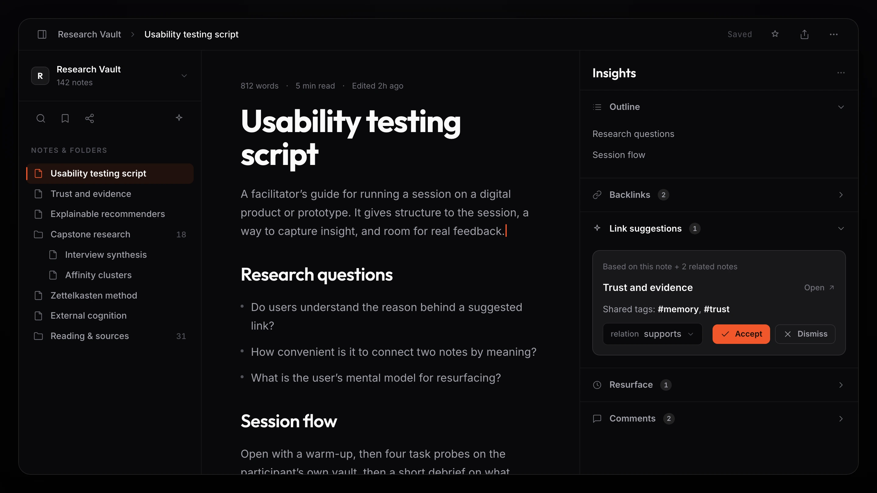 The Tho8 three-pane workspace on a near-black canvas: a note library and folders on the left, a note open in the center rich-text editor, and the Insights rail on the right with Outline, Backlinks, Link suggestions, Resurface, and Comments. The link suggestions and resurfaced notes each carry a one-line reason in neutral text.