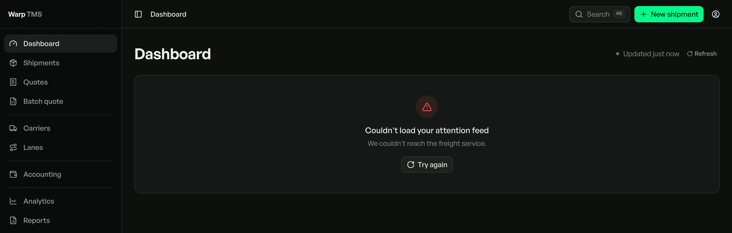 The dashboard error state: an explicit error, never a false all-clear.