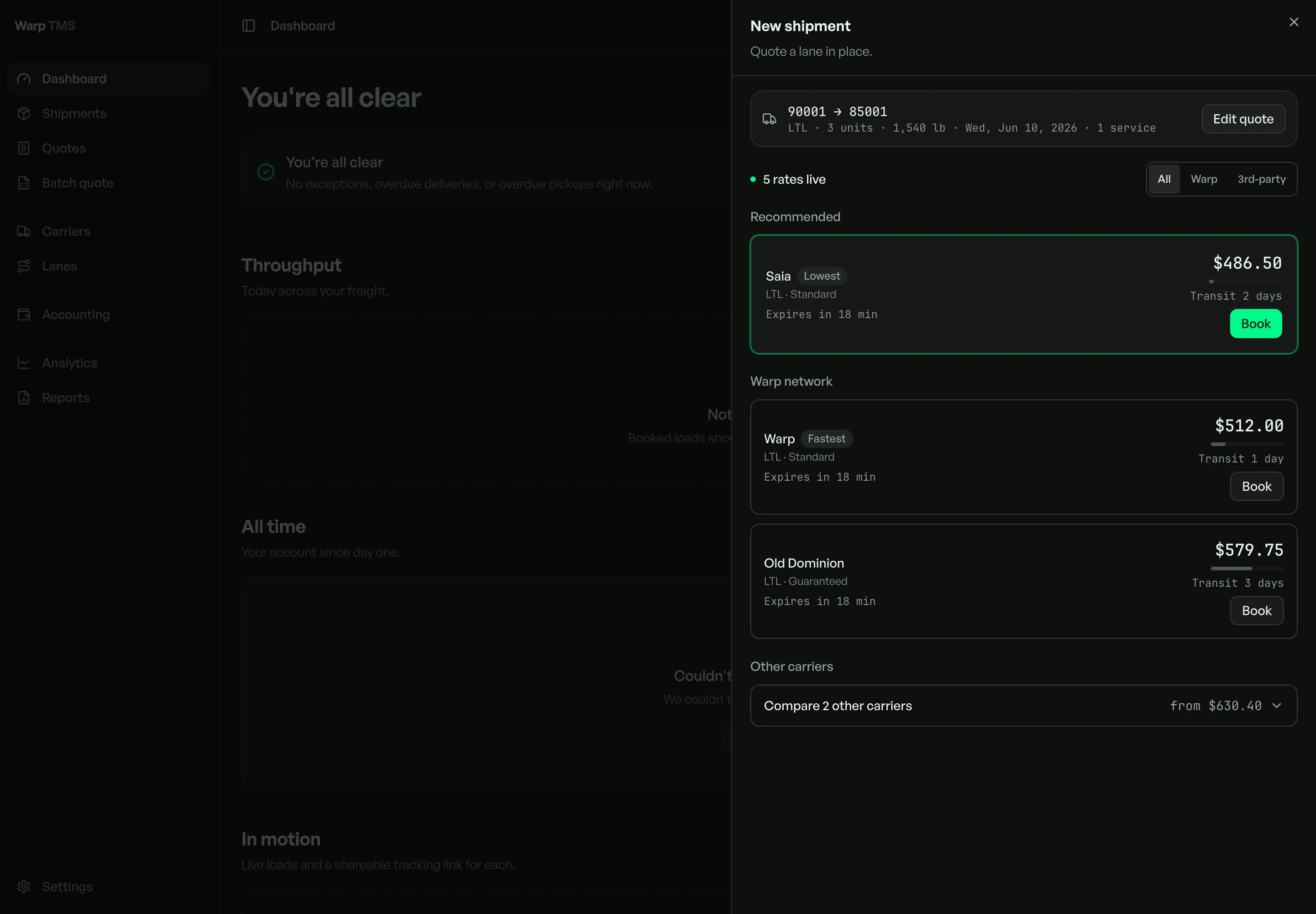 The quote-to-book sheet: a right-side slide-over with the lane and freight details at the top and a ranked list of live carrier rates below, each row a carrier with its price and transit time, one selected and ready to book.
