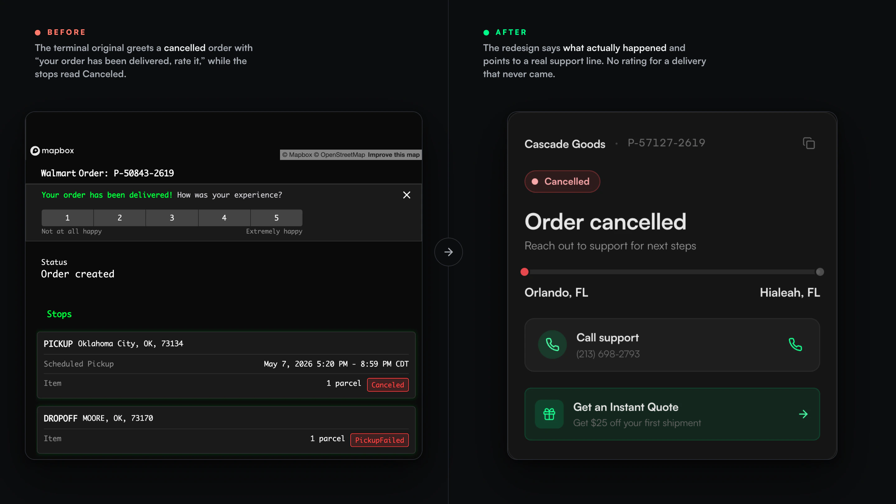Two desktop tracking panels side by side, each showing a cancelled order. Left, the real captured original for a Walmart shipment: a matrix-green monospace layout greeting the order with 'Your order has been delivered! How was your experience?' above a five-star rating widget, while the stops below read Canceled and PickupFailed. Right, the redesign rendering the same cancelled state on a stand-in order: a calm dark card with a coral status dot that reads 'Order cancelled, reach out to support for next steps', a real Call support line, and no rating request.