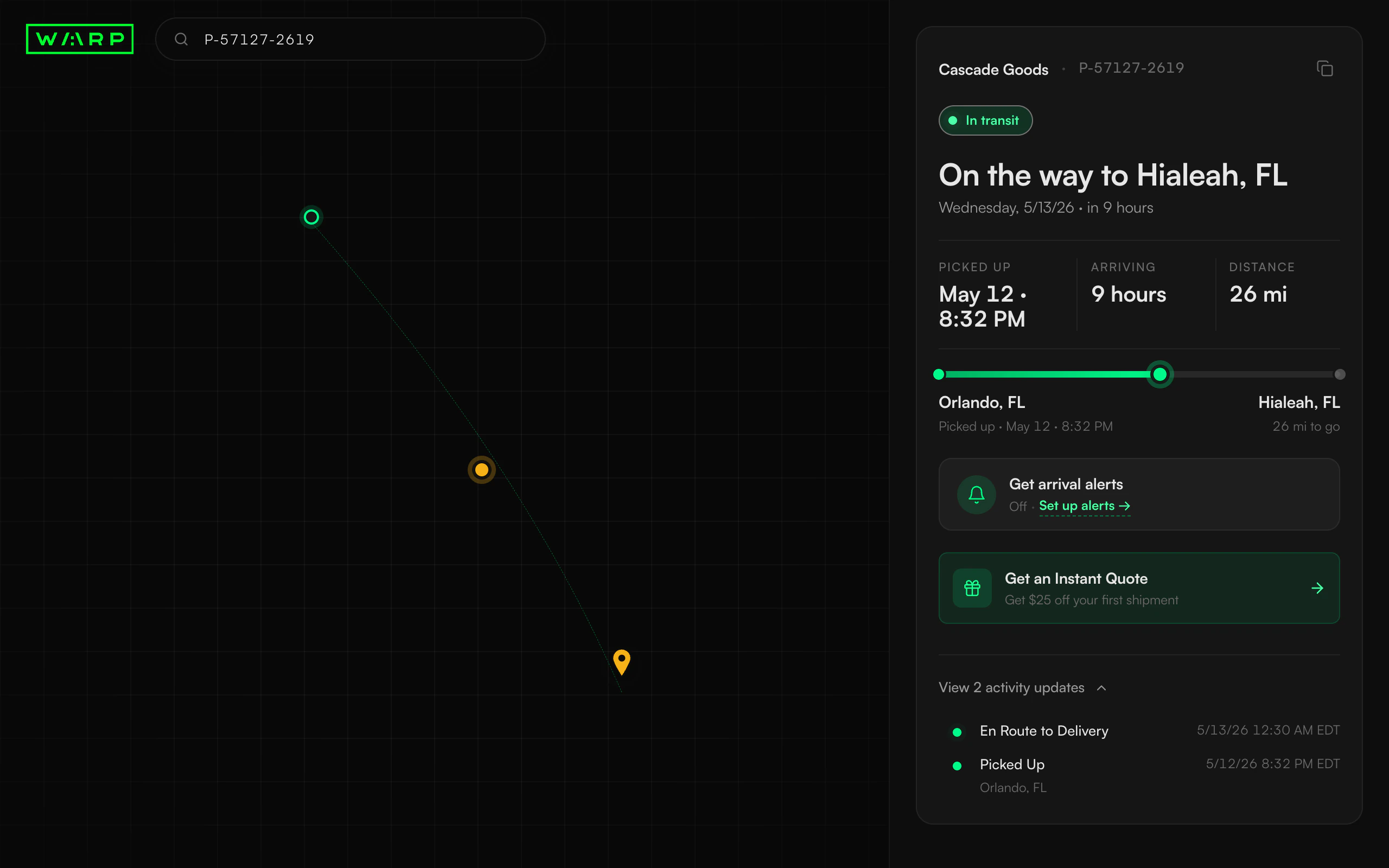 The redesigned detail view for a shipment in transit: a floating header over a live route map, and a card that leads with the computed status 'On the way to Hialeah, FL', a pickup and arrival time, an origin-to-driver-to-destination journey strip with a live pulse on the driver, one arrival-alerts action, and the activity timeline open below.